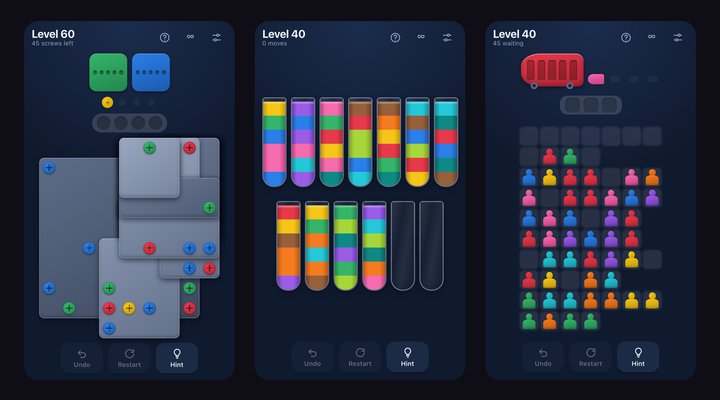 Three puzzle boards side by side: Screw Land's stacked plates, Color Sort's tubes and Bus Jam's crowd