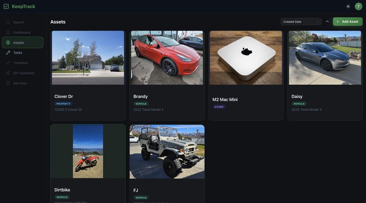 The KeepTrack assets page, a grid of cards for a house, three vehicles, a dirtbike and a Mac Mini