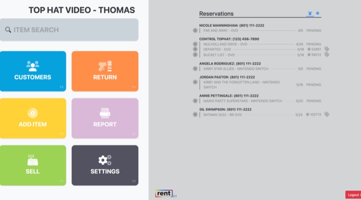 The RentSoft home screen, with tiles for customers, returns, items and sales beside a list of reservations