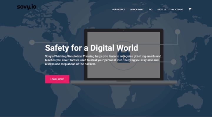 The Sovy.io landing page, headlined Safety for a Digital World over a world map