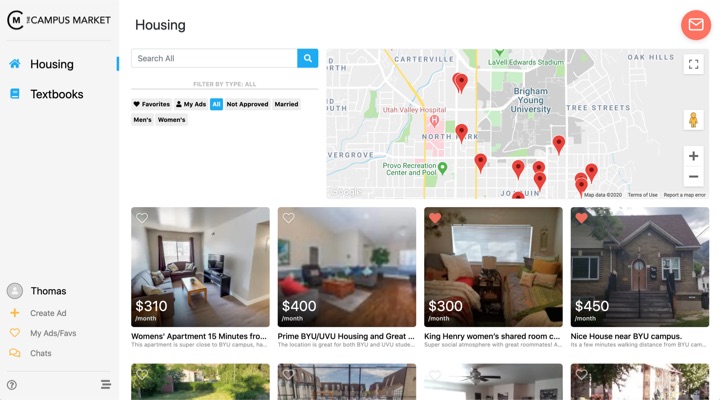 The Campus Market housing feed, showing a map of Provo above listings with monthly rents